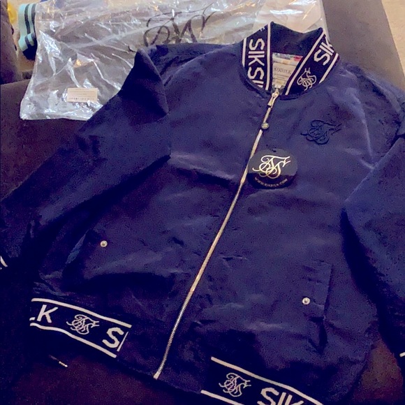 SikSilk Navy Nylon Bomber Jacket - Picture 1 of 4